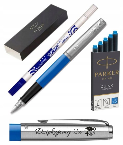 PARKER JOTTER NIEBIESKIE PIÓRO Z GRAWEREM WYMAZYWACZ I NABOJE Z TOREBKĄ
