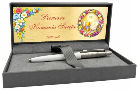 Długopis Parker Jotter Biały z Grawerem w pudełku prestige z tabliczką na Pierwszą Komunię