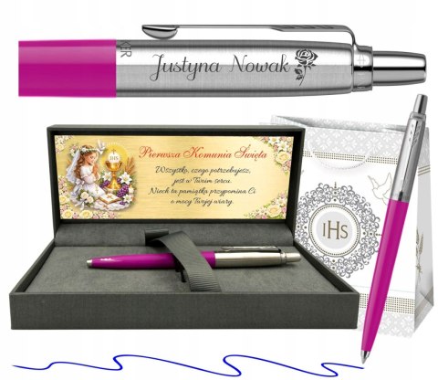 Długopis Parker Jotter Magenta z Grawerem w pudełku prestige z tabliczką na Pierwszą Komunię Prezent Komunia