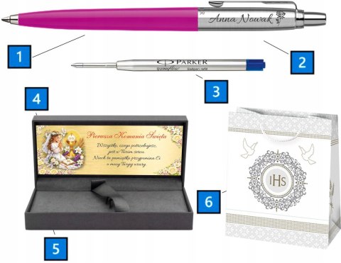 Długopis Parker Jotter Magenta z Grawerem w pudełku prestige z tabliczką na Pierwszą Komunię Prezent Komunia