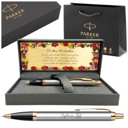 Parker IM stalowy GT z grawerem w pudełku Prestige z tabliczką urodzinową i torebką Parker