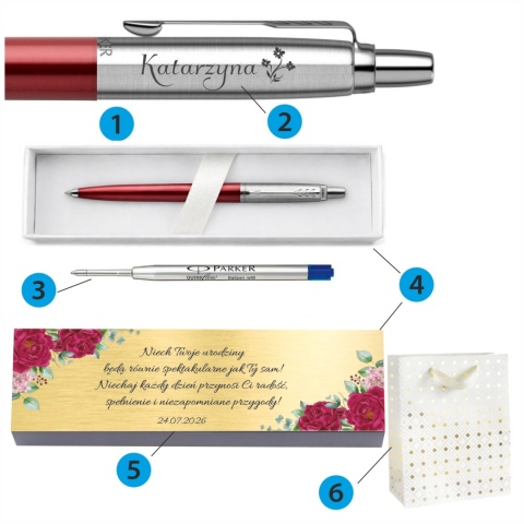 Zawartość zestawu Parker Jotter Kensington Red z grawerem, tabliczką i ozdobną torebką