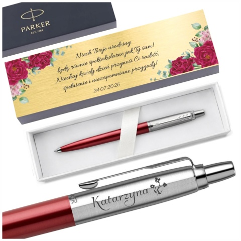 Czerwony Parker Jotter Kensington Red z grawerem i tabliczką na kartonowym pudełku