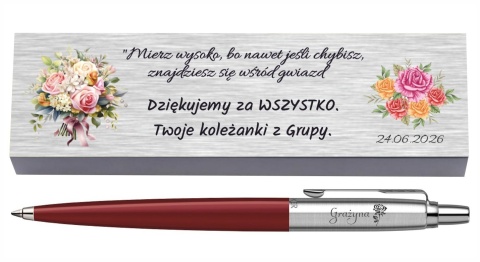 Czerwony Jotter Originals i kartonowe pudełko z dedykacją w aranżacji prezentowej