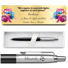 Parker Jotter Bond Street Black CT z grawerem i tabliczką na kartonowym pudełku