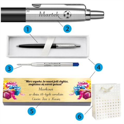 Zawartość zestawu Parker Jotter Bond Street Black CT z dedykacją, pudełkiem i torebką