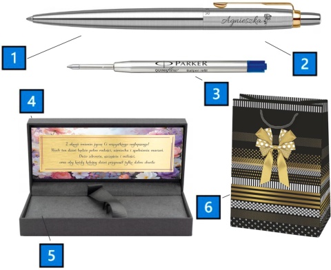 Zawartość zestawu Parker Jotter GT: długopis, grawer, niebieski wkład, tabliczka, pudełko Prestige i torebka