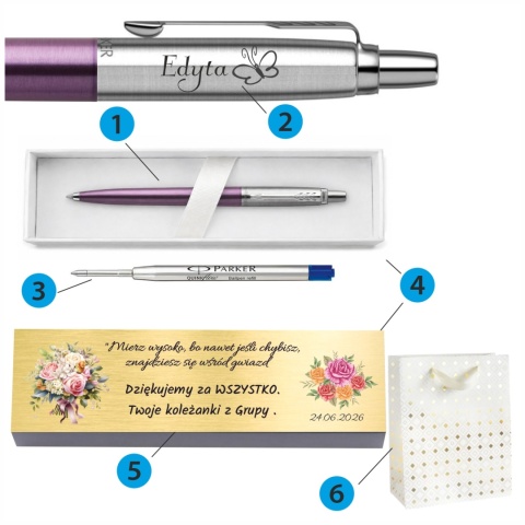 Zawartość zestawu Parker Jotter Victoria Violet: długopis, grawer, wkład, pudełko, tabliczka i torebka