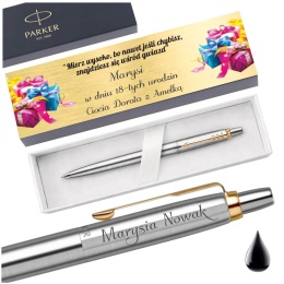 Żelowy Parker Jotter Stainless Steel GT z grawerem i tabliczką na kartonowym pudełku
