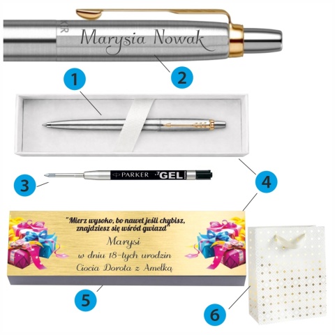 Zestaw Parker Jotter GT z czarnym wkładem żelowym, grawerem, tabliczką, pudełkiem i torebką
