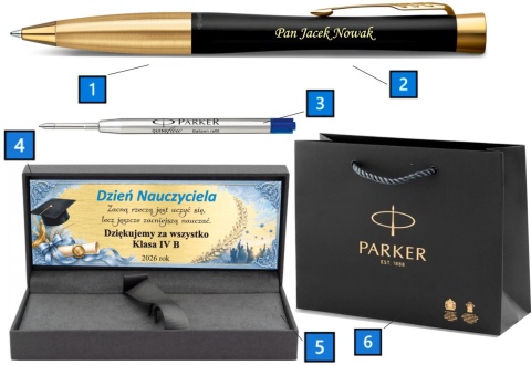 Zawartość zestawu Parker Urban GT z grawerem, wkładem QuinkFlow, tabliczką, pudełkiem i torebką