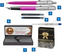 Zawartość zestawu Parker Jotter Magenta: pióro, długopis, dwa naboje, wkład QuinkFlow, tabliczka, pudełko i ozdobna torebka