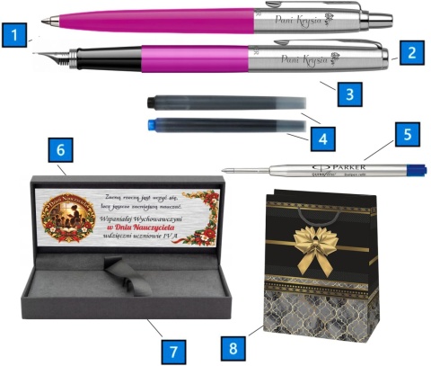 Zawartość zestawu Parker Jotter Magenta: pióro, długopis, dwa naboje, wkład QuinkFlow, tabliczka, pudełko i ozdobna torebka