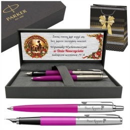 Pióro i długopis Parker Jotter Originals Magenta z grawerem, pudełkiem z dedykacją na Dzień Nauczyciela i ozdobną torebką