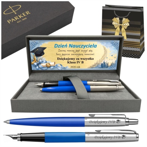 Niebieskie pióro i długopis Parker Jotter Originals z grawerem, pudełkiem, tabliczką na Dzień Nauczyciela i torebką
