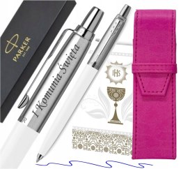 DŁUGOPIS PARKER JOTTER BIAŁY Z GRAWEREM PREZENT NA KOMUNIĘ Z ETUI RÓŻOWY