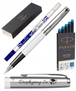 PARKER JOTTER BIAŁE PIÓRO Z GRAWEREM WYMAZYWACZ BIC I NABOJE WRAZ TOREBKĄ